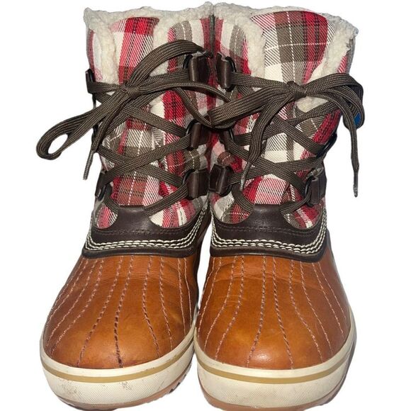 Sorel Tivoli Leather & Shearling Tan & Red Plaid Short Duck Boots - Size 6‎ - Picture 7 of 8
